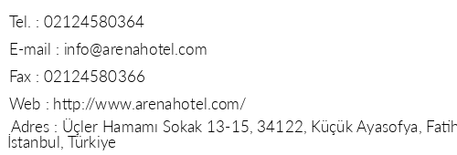 Arena Hotel Istanbul telefon numaralar, faks, e-mail, posta adresi ve iletiim bilgileri